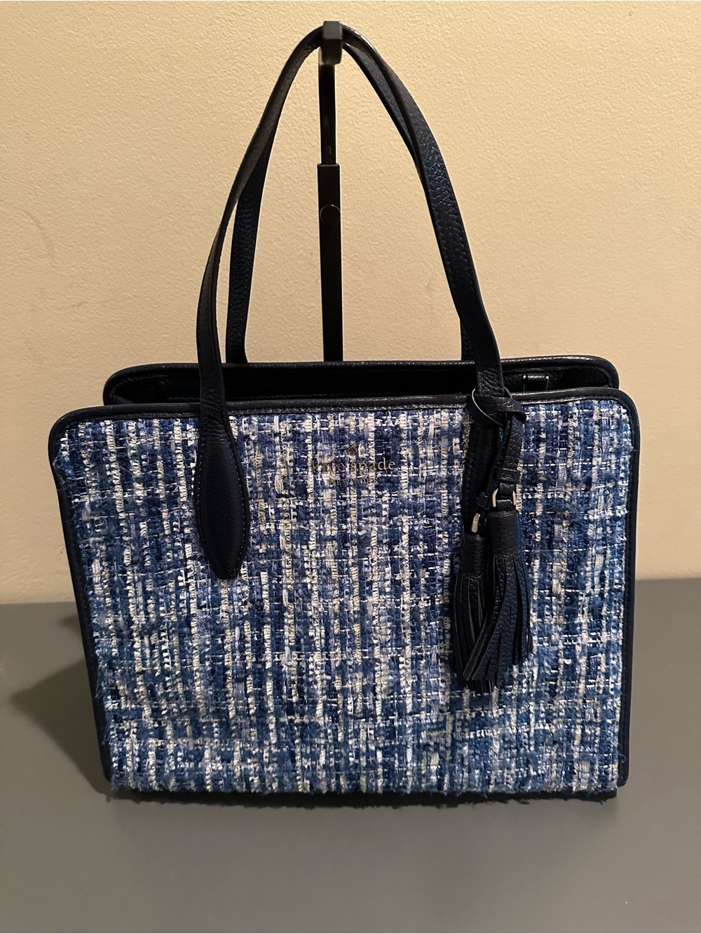 kate spade Rowe navy and white tweed tote with tassel